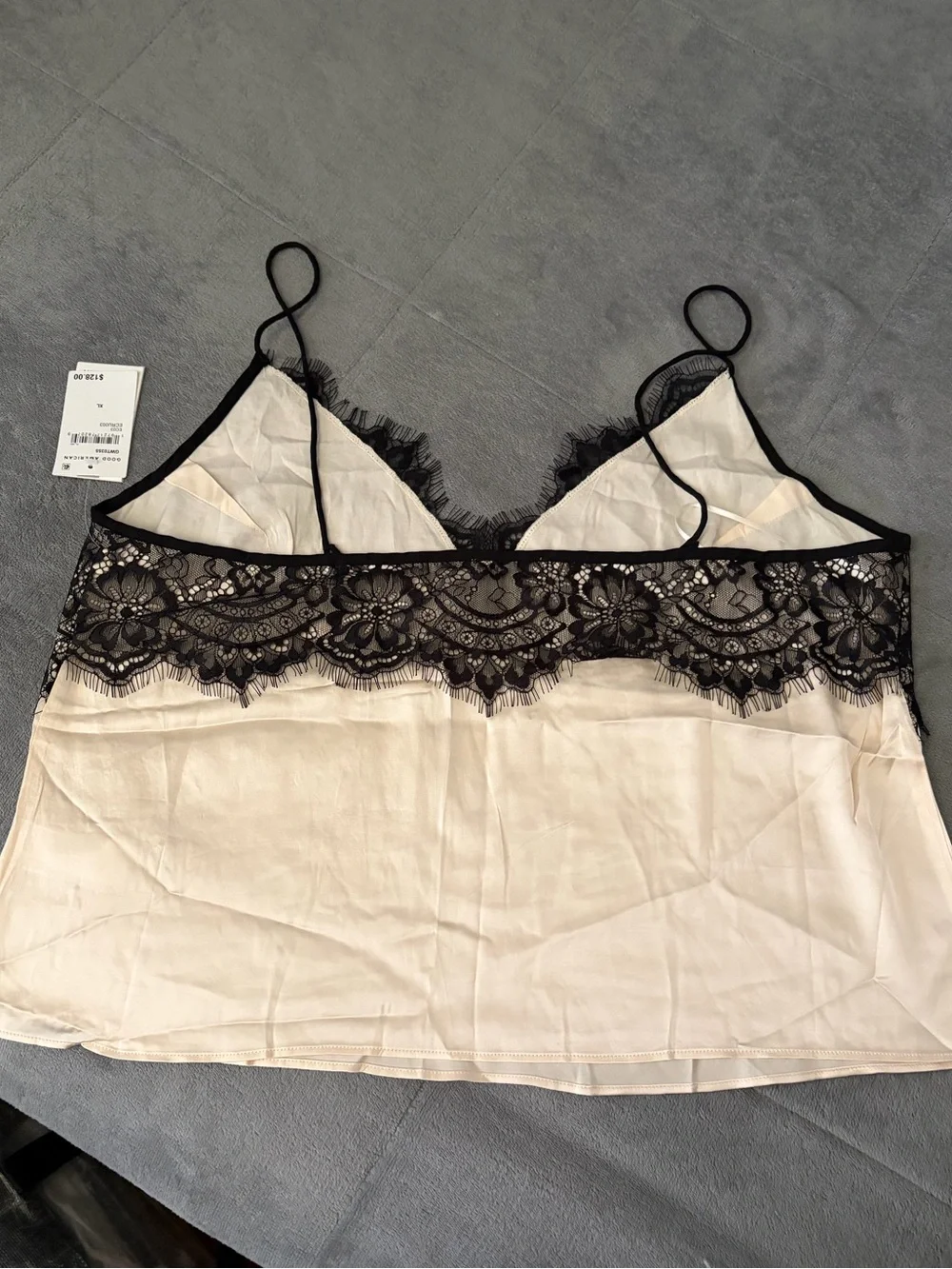 Good American Black Lace Trim Satin Cami with Cream Body